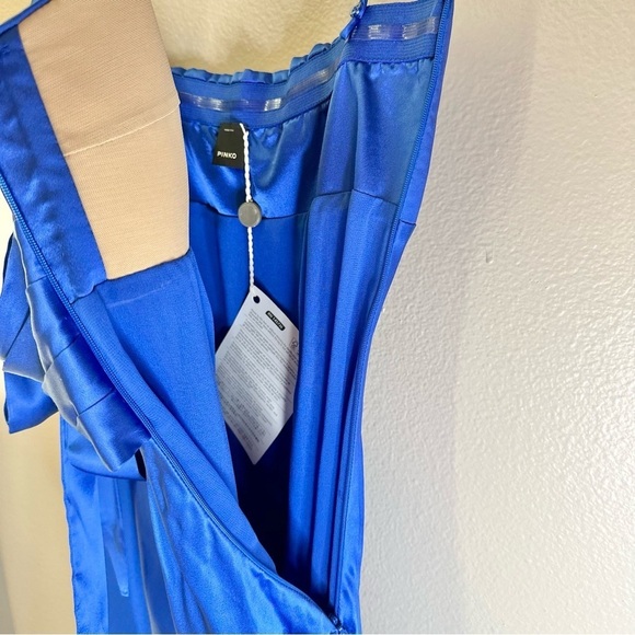 NWT Pinko Curtis Abito Ultra Blue Satin Flowy High Low Formal Midi Dress - Picture 12 of 16